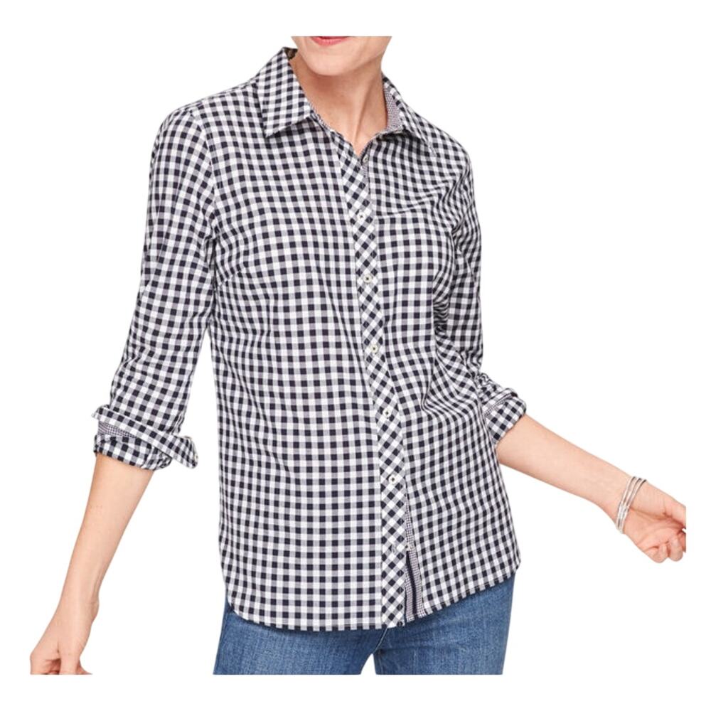 Talbots Womens Cotton Blend Classic Black Gingham Long Sleeve Button Size 10